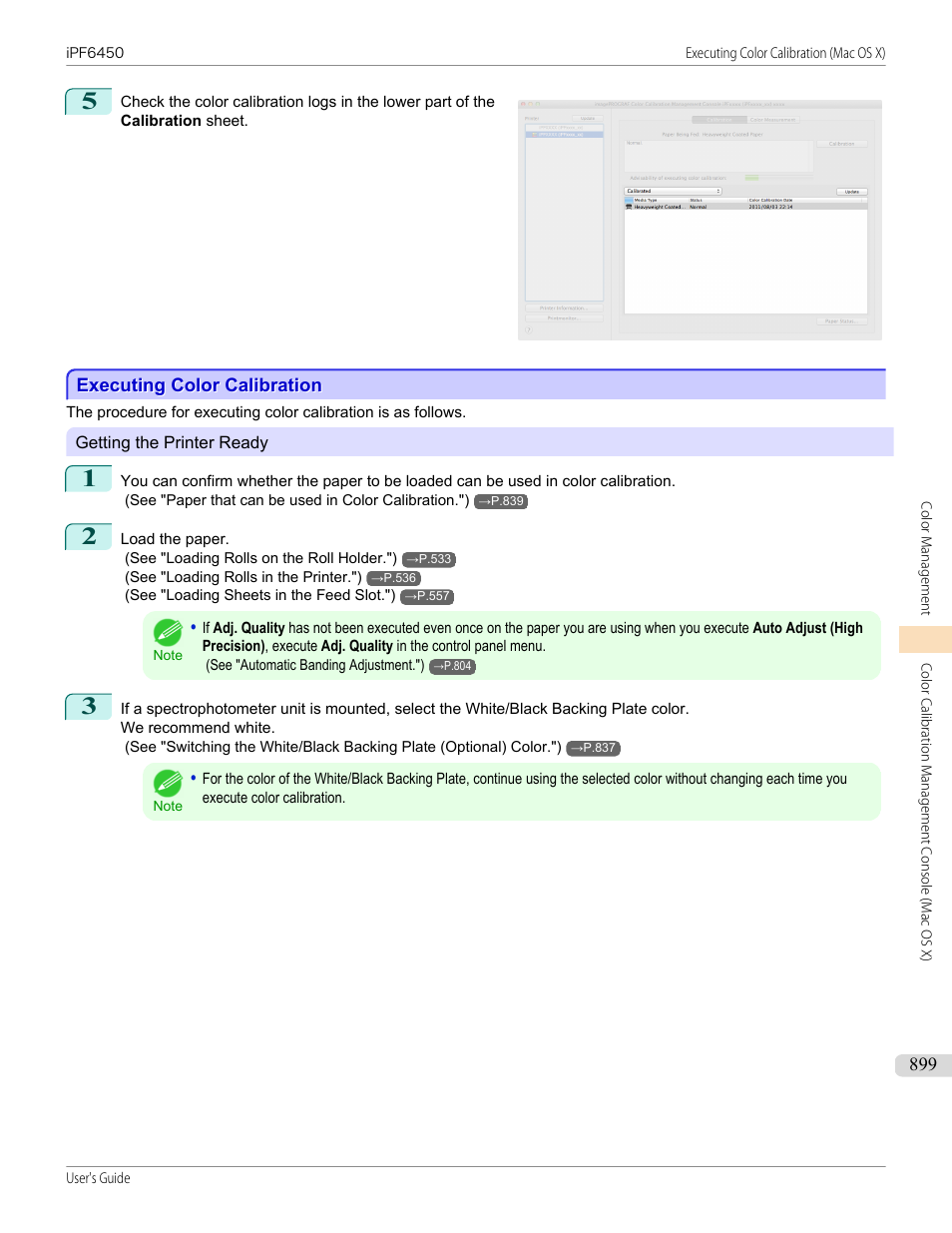 Executing color calibration, Executing color calibration (mac os x), P.899 | See "executing color calibration (mac os x)."), See "executing color calibration | Canon imagePROGRAF iPF6450 User Manual | Page 899 / 1066