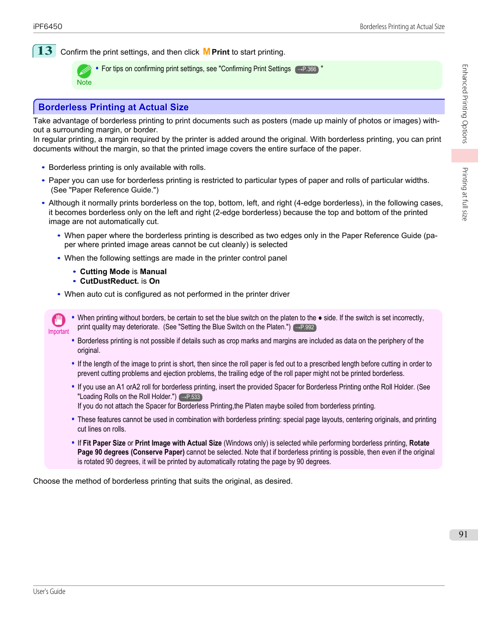 Borderless printing at actual size, See "borderless printing at actual size."), P.91 | Canon imagePROGRAF iPF6450 User Manual | Page 91 / 1066