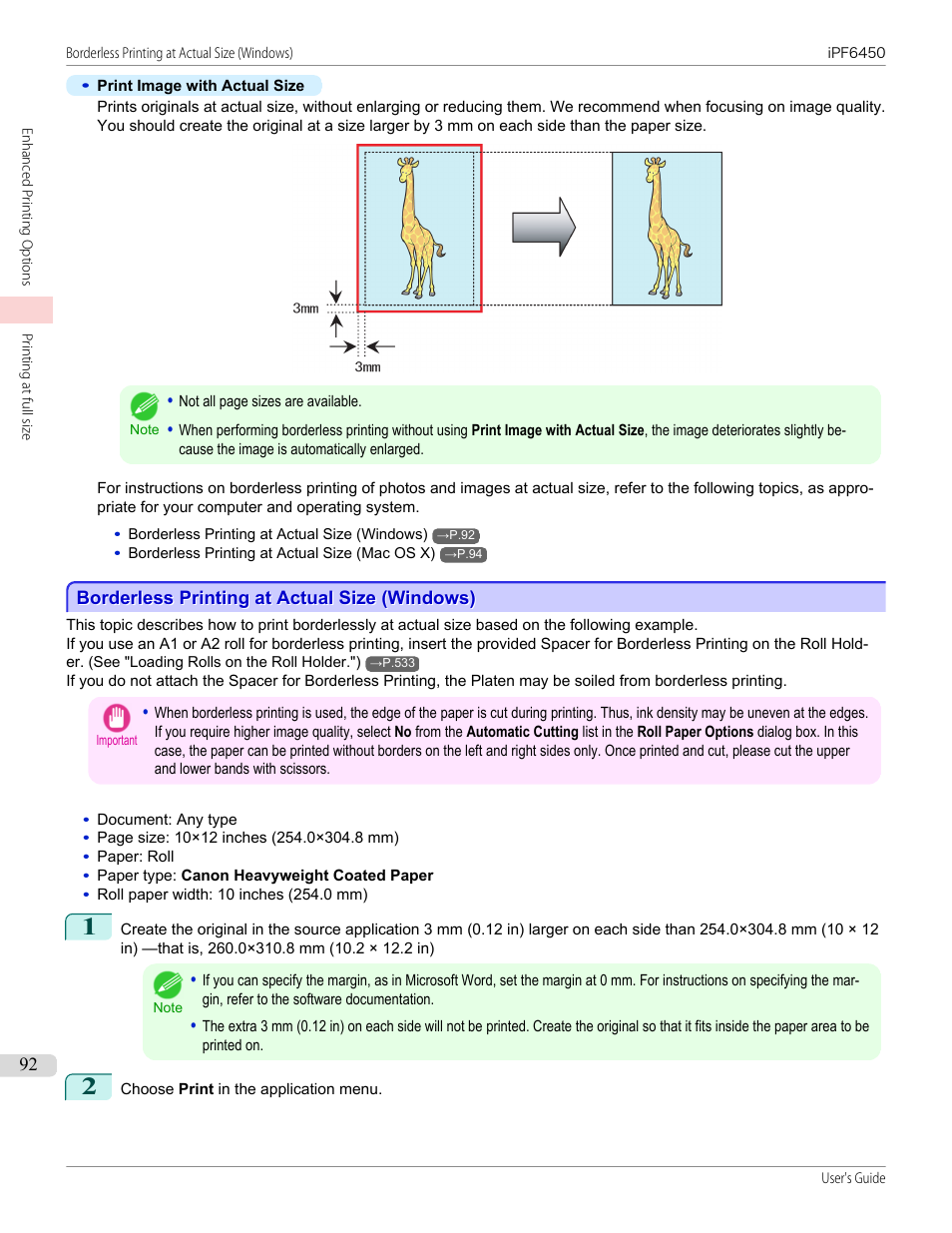 Borderless printing at actual size (windows) | Canon imagePROGRAF iPF6450 User Manual | Page 92 / 1066