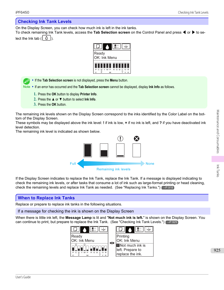 Checking ink tank levels, When to replace ink tanks, Checking ink tank levels when to replace ink tanks | See "checking ink tank levels."), P.925 | Canon imagePROGRAF iPF6450 User Manual | Page 925 / 1066