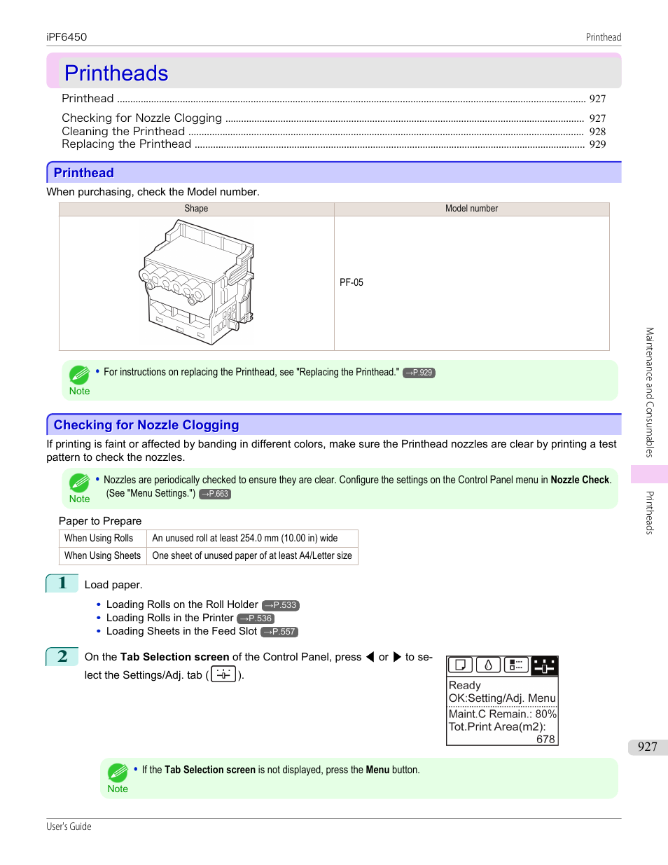 Printheads, Printhead, Checking for nozzle clogging | Printhead checking for nozzle clogging, See "checking for nozzle clogging, P.927 | Canon imagePROGRAF iPF6450 User Manual | Page 927 / 1066