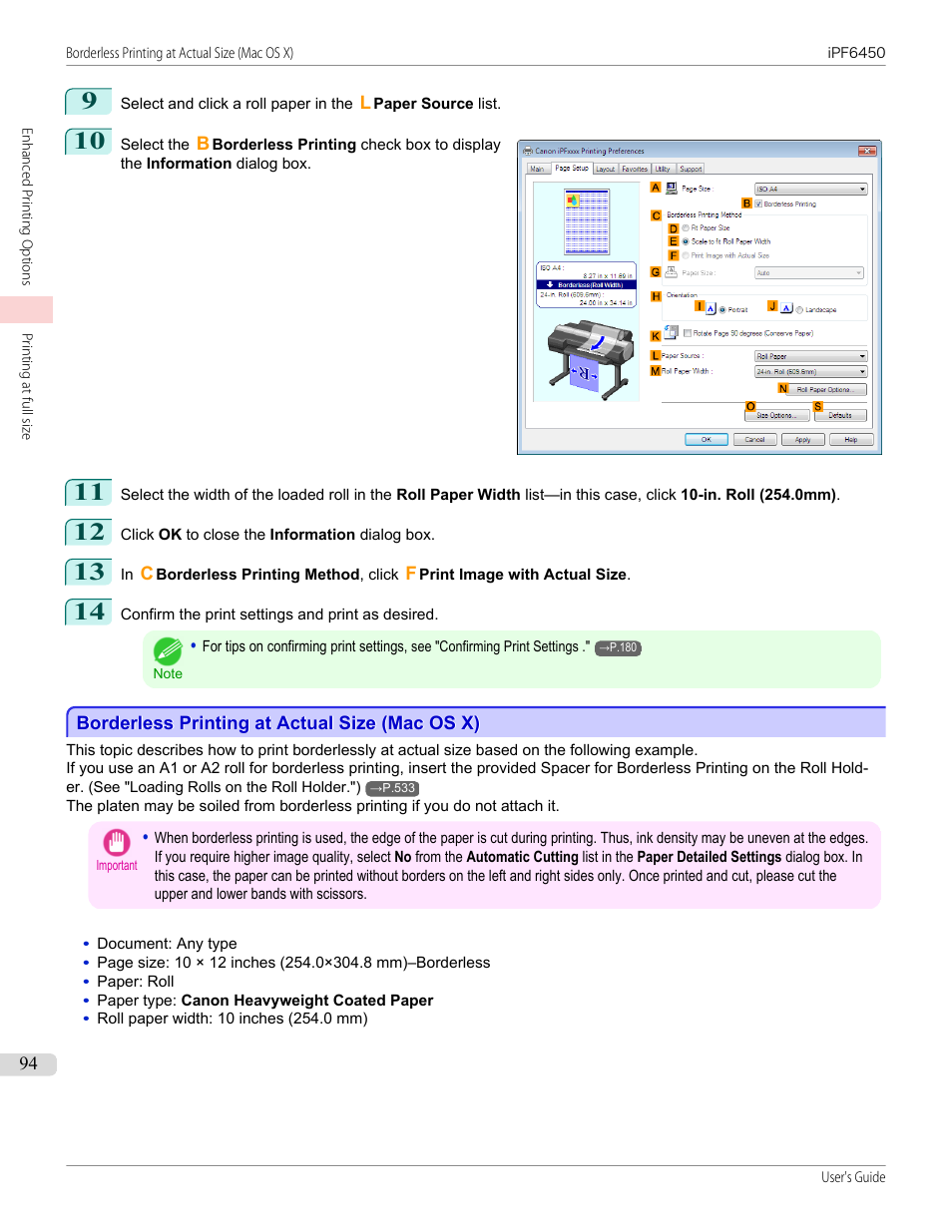 Borderless printing at actual size (mac os x), P.94 | Canon imagePROGRAF iPF6450 User Manual | Page 94 / 1066
