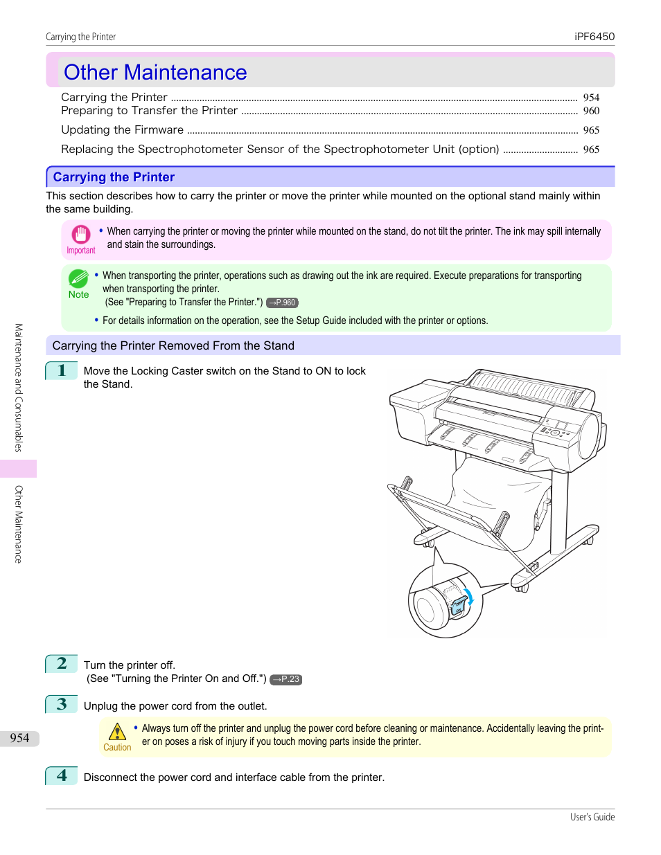 Other maintenance, Carrying the printer | Canon imagePROGRAF iPF6450 User Manual | Page 954 / 1066