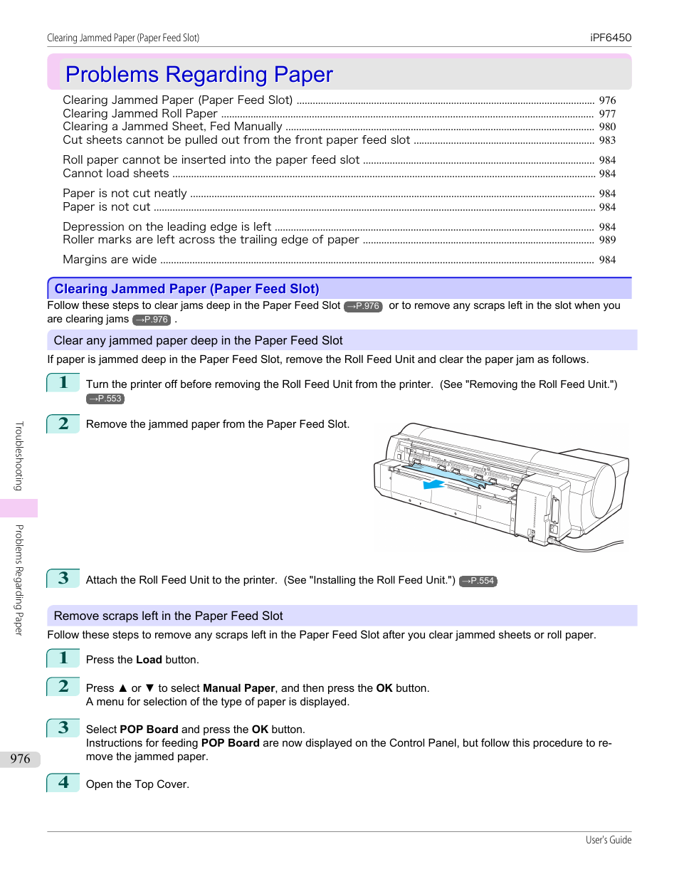 Problems regarding paper, Clearing jammed paper (paper feed slot) | Canon imagePROGRAF iPF6450 User Manual | Page 976 / 1066