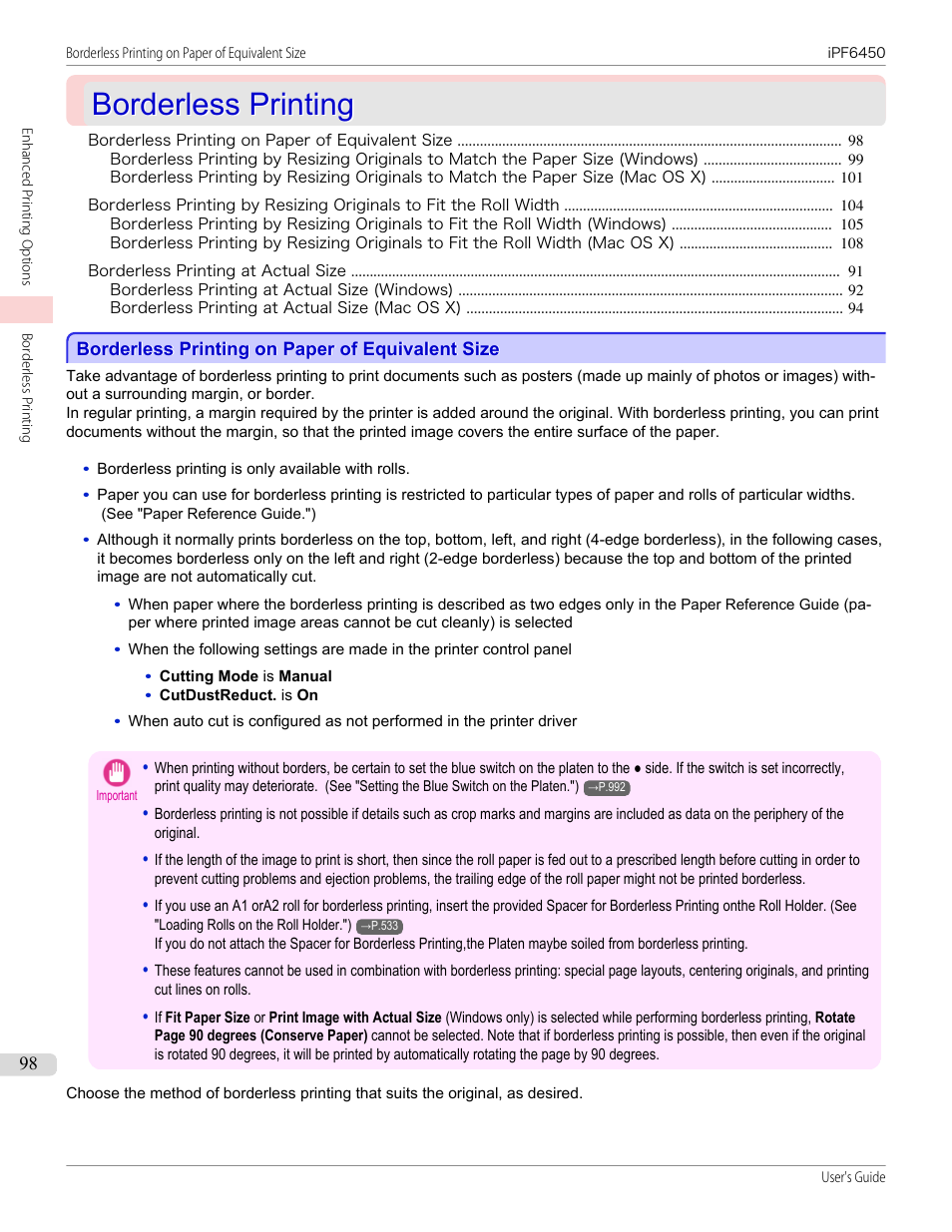 Borderless printing, Borderless printing on paper of equivalent size, P.98 | Canon imagePROGRAF iPF6450 User Manual | Page 98 / 1066