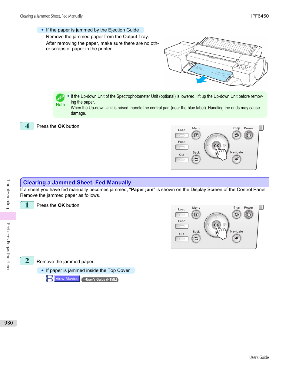 Clearing a jammed sheet, fed manually | Canon imagePROGRAF iPF6450 User Manual | Page 980 / 1066