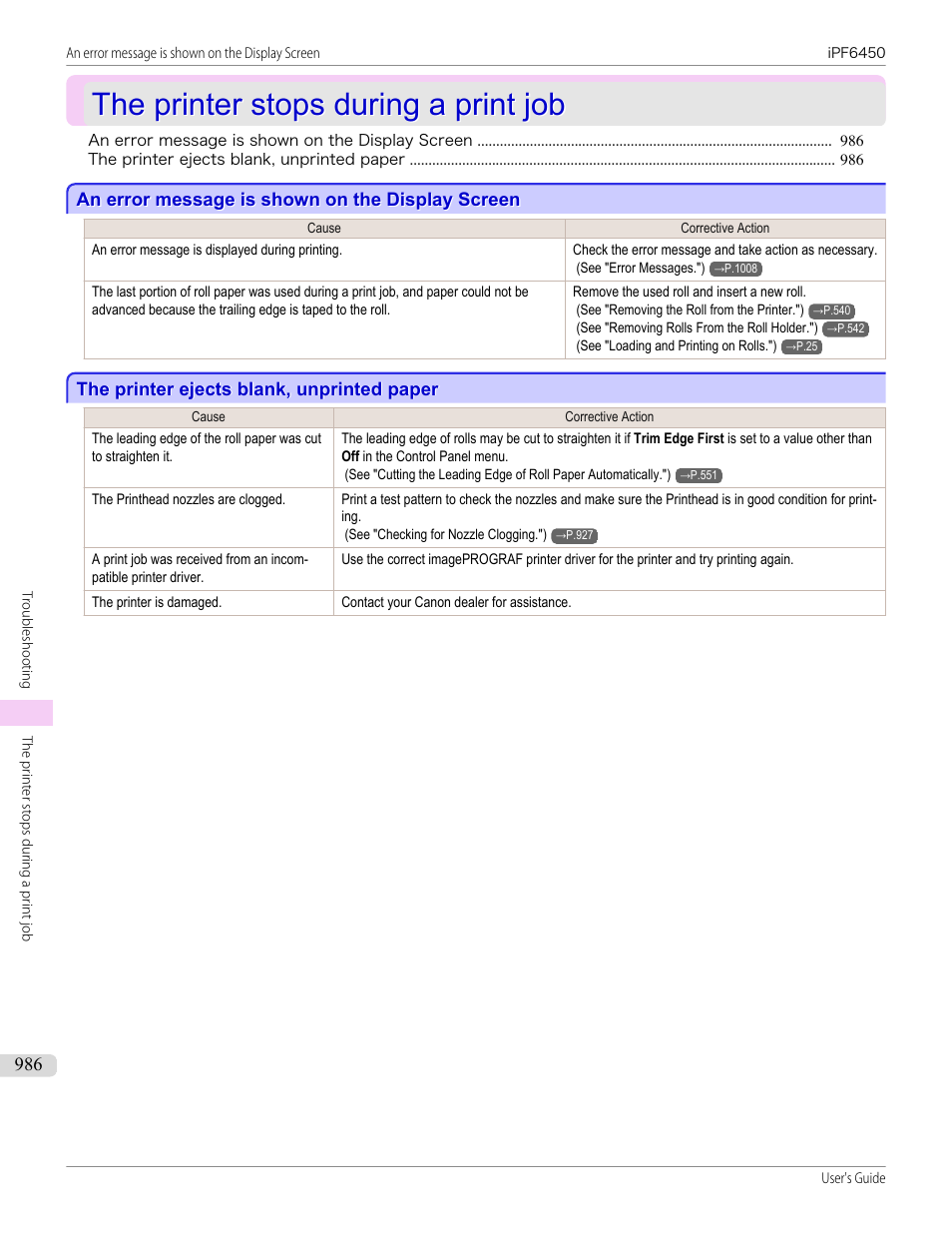 The printer stops during a print job, An error message is shown on the display screen, The printer ejects blank, unprinted paper | Canon imagePROGRAF iPF6450 User Manual | Page 986 / 1066