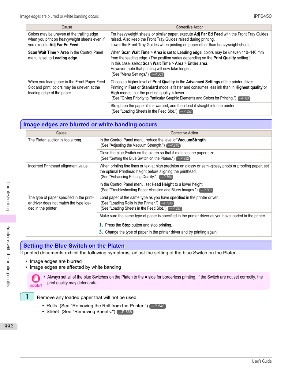 Image edges are blurred or white banding occurs, Setting the blue switch on the platen, See "setting the blue switch on the platen.") | P.992 | Canon imagePROGRAF iPF6450 User Manual | Page 992 / 1066