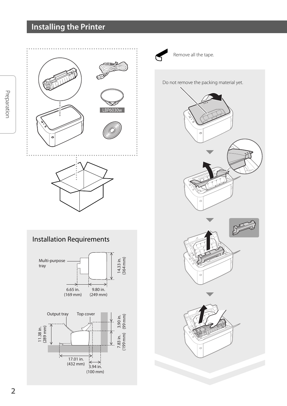 2installing the printer, Installation requirements, Preparation | Canon imageCLASS LBP6030w User Manual | Page 2 / 12