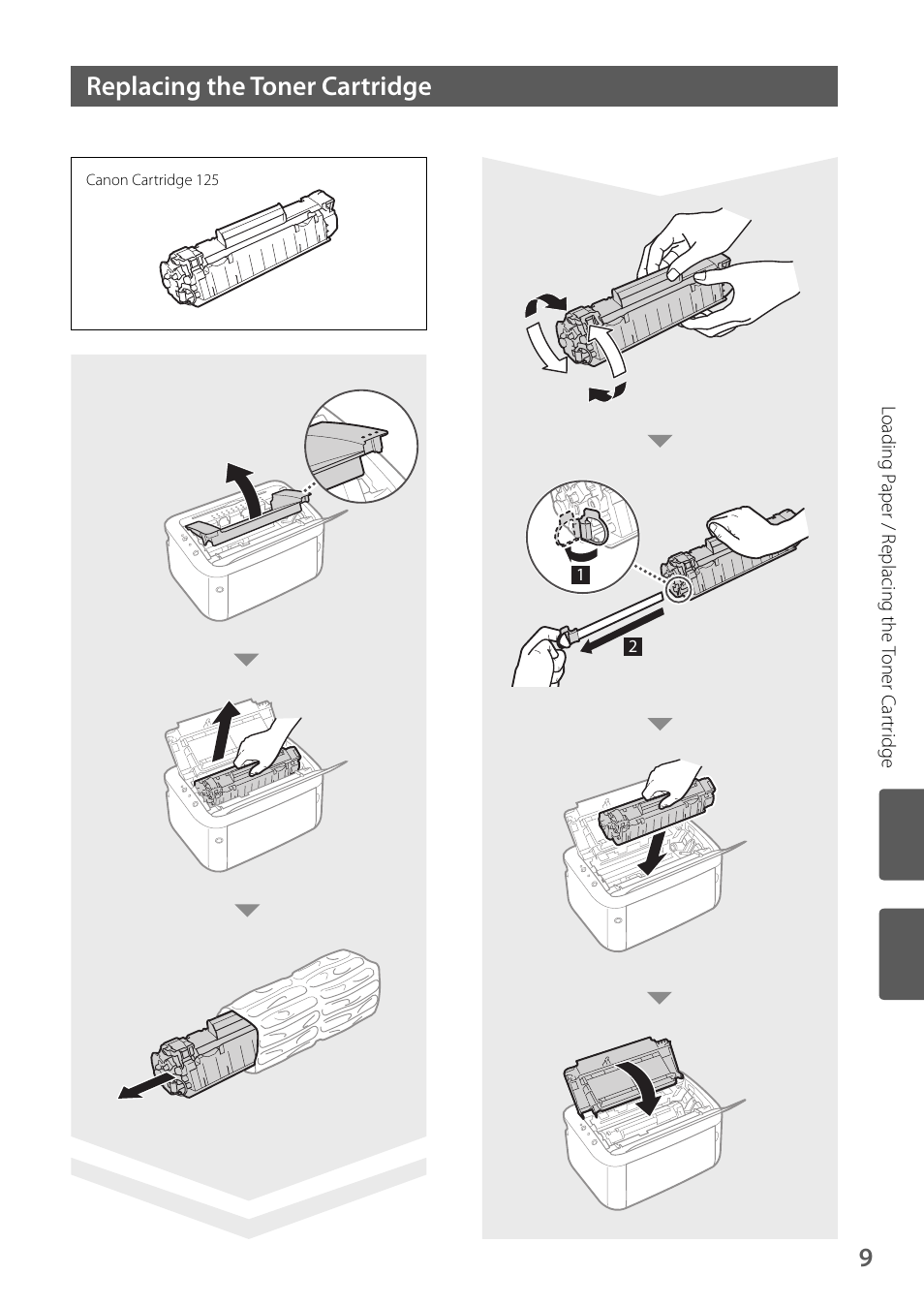 9replacing the toner cartridge | Canon imageCLASS LBP6030w User Manual | Page 9 / 12