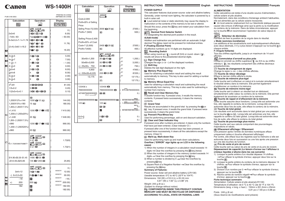 Ws-1400h | Canon WS-1400H User Manual | Page 2 / 2