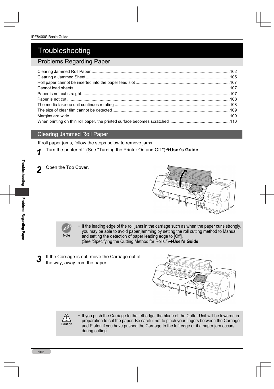 Troubleshooting, Problems regarding paper | Canon imagePROGRAF iPF8400S User Manual | Page 102 / 160
