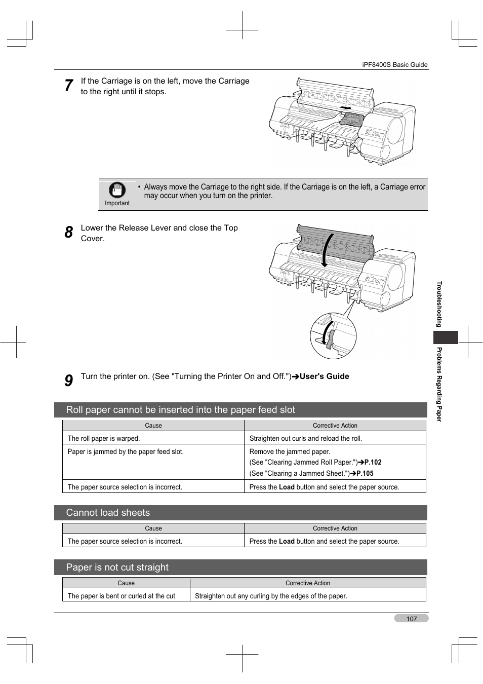 Cannot load sheets, Paper is not cut straight | Canon imagePROGRAF iPF8400S User Manual | Page 107 / 160
