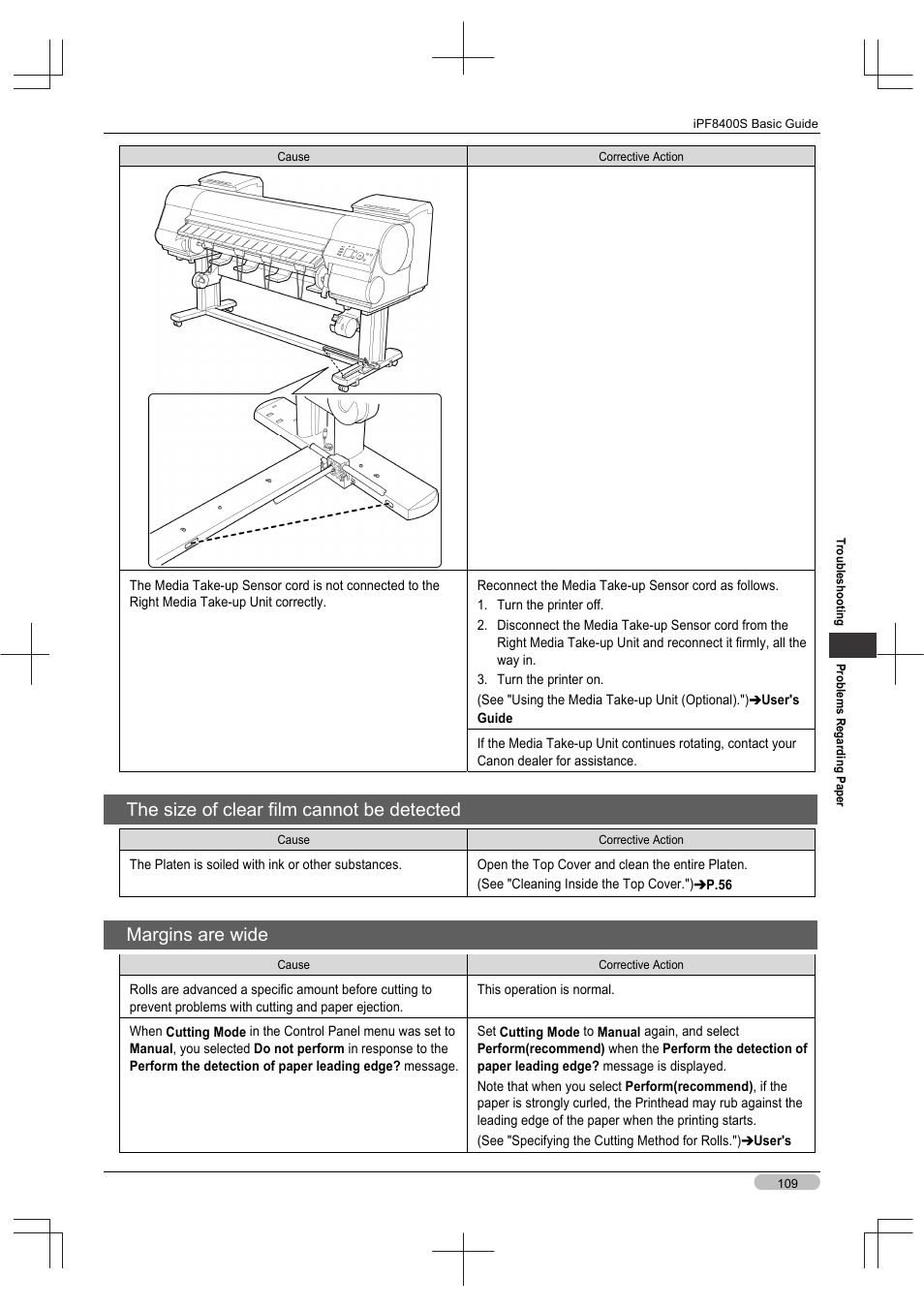 The size of clear film cannot be detected, Margins are wide | Canon imagePROGRAF iPF8400S User Manual | Page 109 / 160