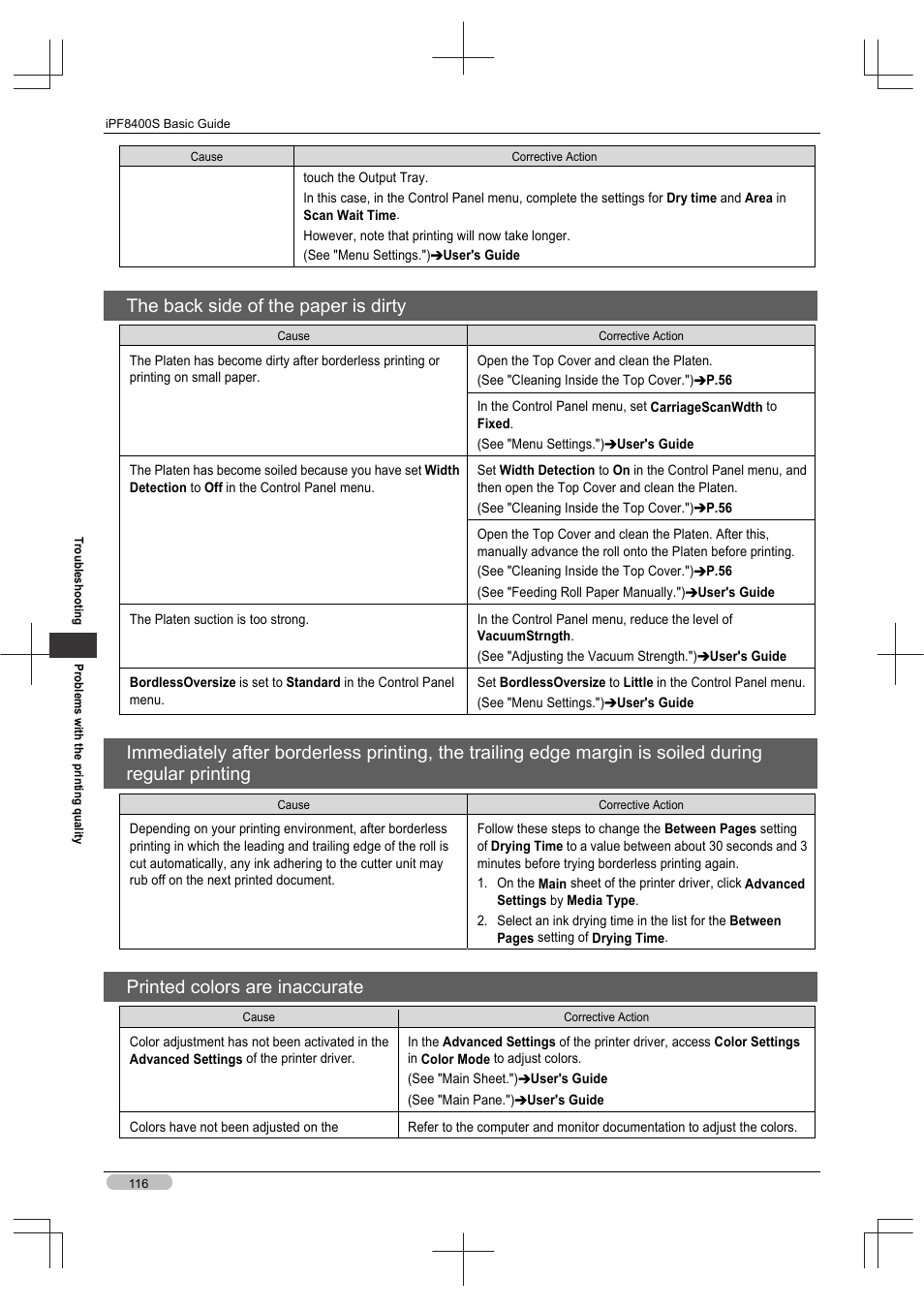 The back side of the paper is dirty, Printed colors are inaccurate | Canon imagePROGRAF iPF8400S User Manual | Page 116 / 160