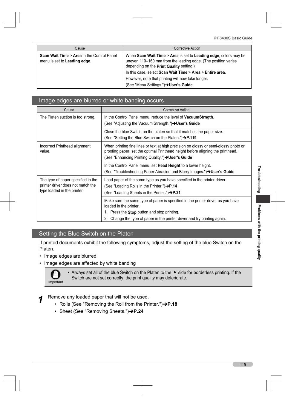 Image edges are blurred or white banding occurs, Setting the blue switch on the platen | Canon imagePROGRAF iPF8400S User Manual | Page 119 / 160
