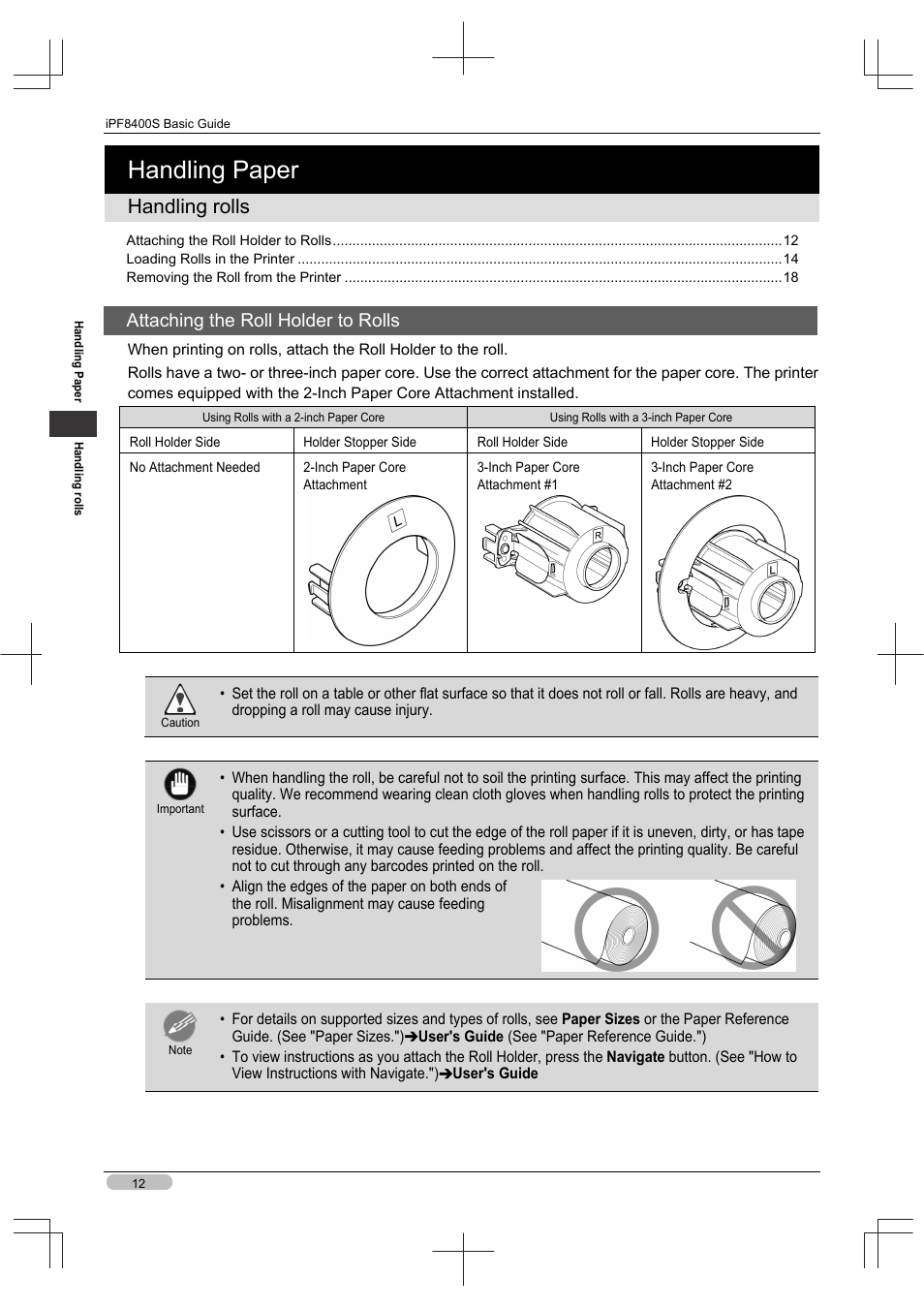 Handling paper, Handling rolls, Attaching the roll holder to rolls | Canon imagePROGRAF iPF8400S User Manual | Page 12 / 160