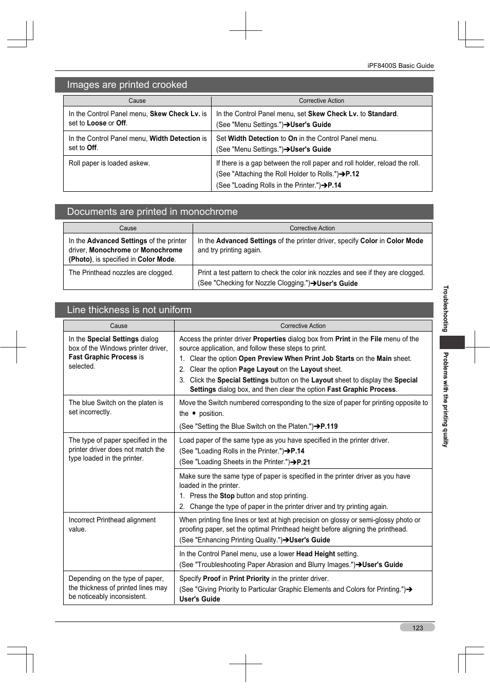 Images are printed crooked, Documents are printed in monochrome, Line thickness is not uniform | Canon imagePROGRAF iPF8400S User Manual | Page 123 / 160