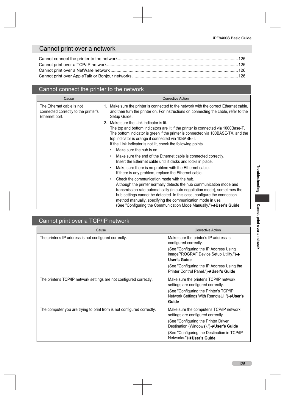 Cannot print over a network, Cannot connect the printer to the network, Cannot print over a tcp/ip network | Canon imagePROGRAF iPF8400S User Manual | Page 125 / 160