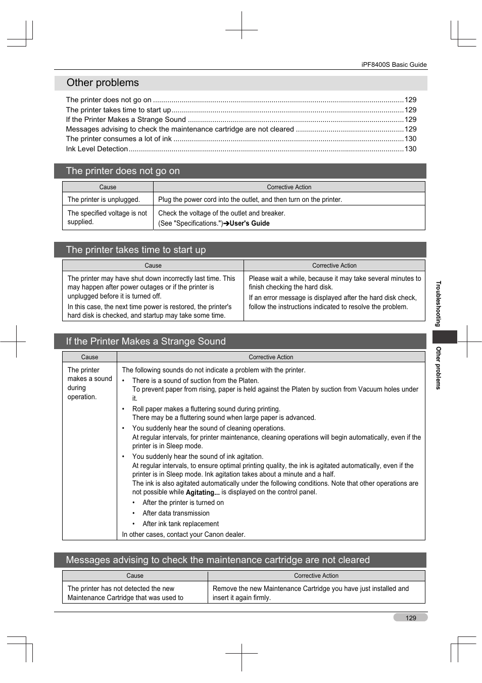 Other problems, The printer does not go on, The printer takes time to start up | If the printer makes a strange sound | Canon imagePROGRAF iPF8400S User Manual | Page 129 / 160