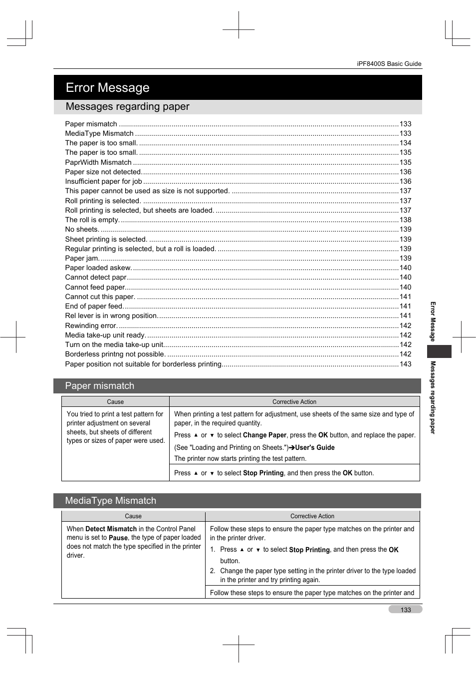 Error message, Messages regarding paper, Paper mismatch | Mediatype mismatch | Canon imagePROGRAF iPF8400S User Manual | Page 133 / 160