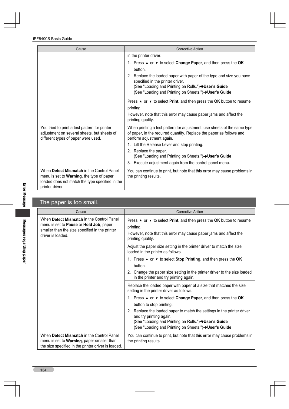 The paper is too small | Canon imagePROGRAF iPF8400S User Manual | Page 134 / 160