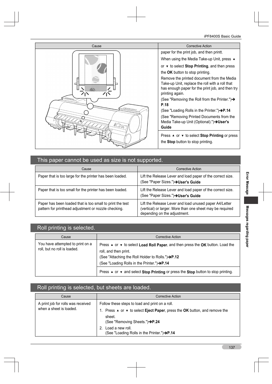 This paper cannot be used as size is not supported, Roll printing is selected, Roll printing is selected, but sheets are loaded | Canon imagePROGRAF iPF8400S User Manual | Page 137 / 160