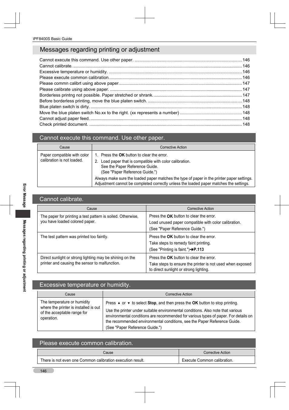 Messages regarding printing or adjustment, Cannot execute this command. use other paper, Cannot calibrate | Excessive temperature or humidity, Please execute common calibration | Canon imagePROGRAF iPF8400S User Manual | Page 146 / 160