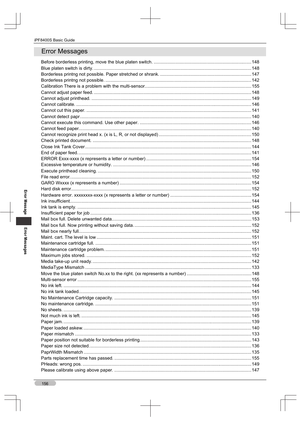 Error messages | Canon imagePROGRAF iPF8400S User Manual | Page 156 / 160