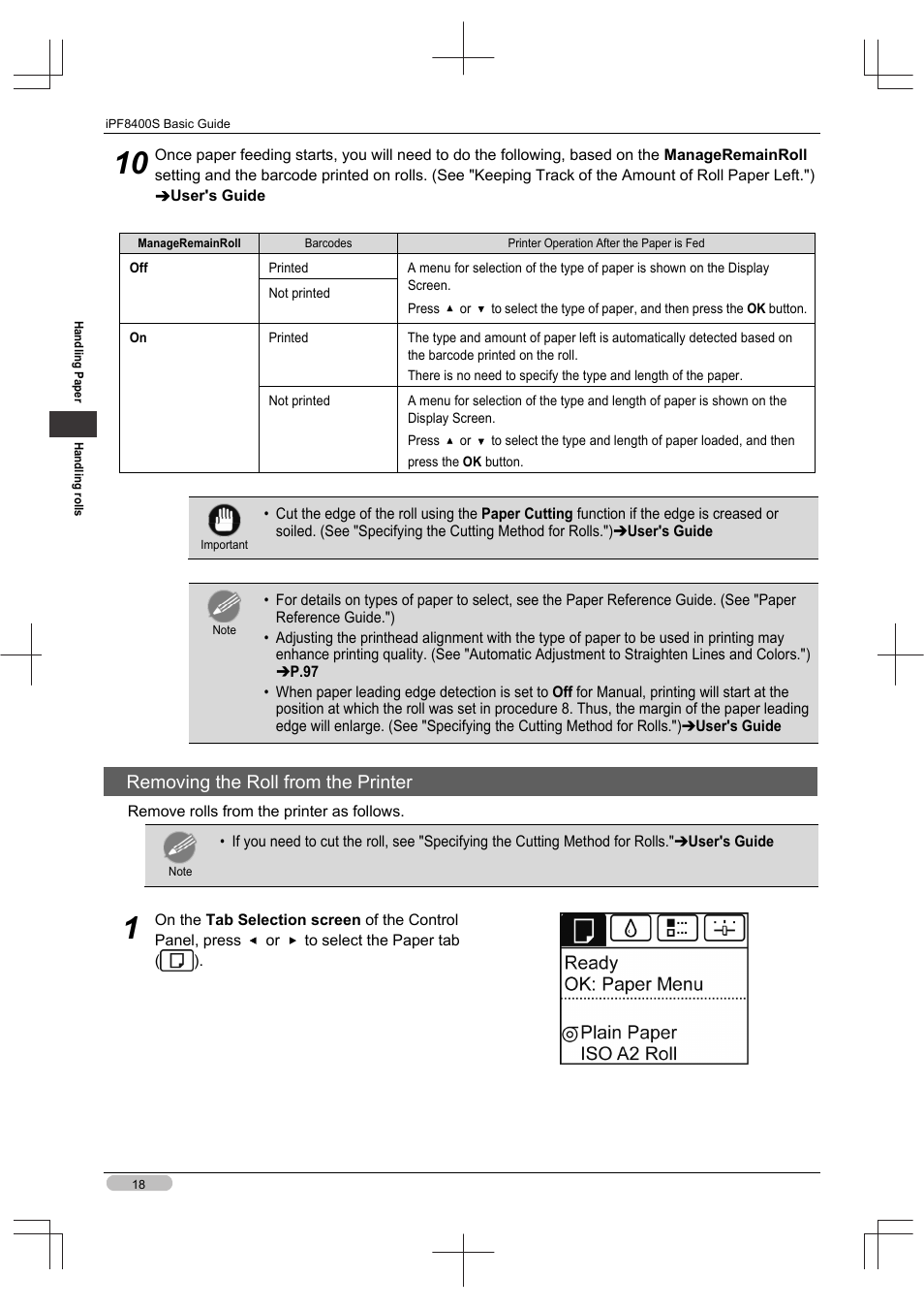 Removing the roll from the printer | Canon imagePROGRAF iPF8400S User Manual | Page 18 / 160