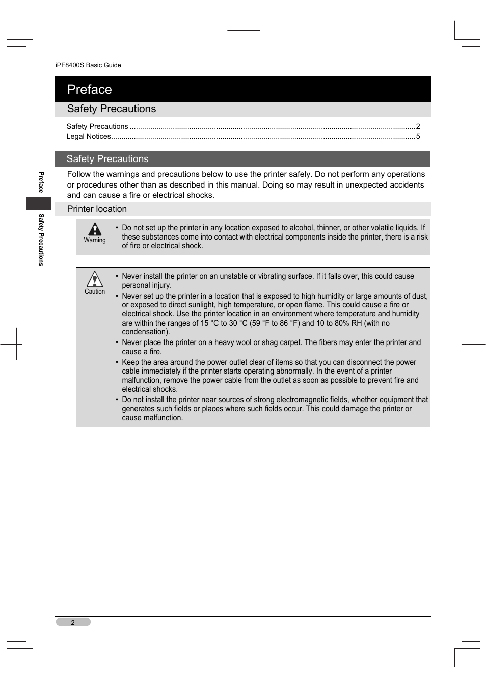 Preface, Safety precautions | Canon imagePROGRAF iPF8400S User Manual | Page 2 / 160