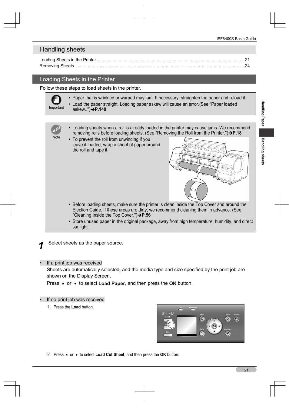 Handling sheets, Loading sheets in the printer | Canon imagePROGRAF iPF8400S User Manual | Page 21 / 160