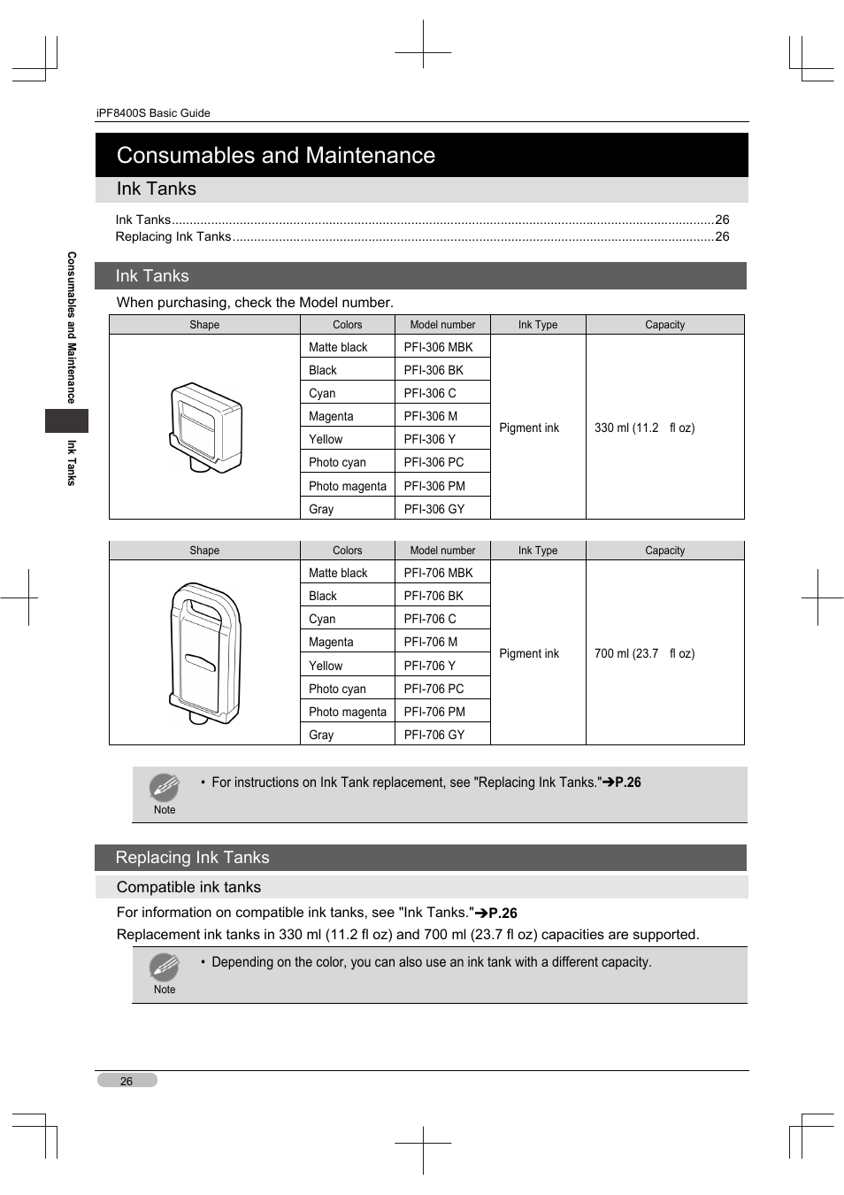 Consumables and maintenance, Ink tanks, Replacing ink tanks | Canon imagePROGRAF iPF8400S User Manual | Page 26 / 160