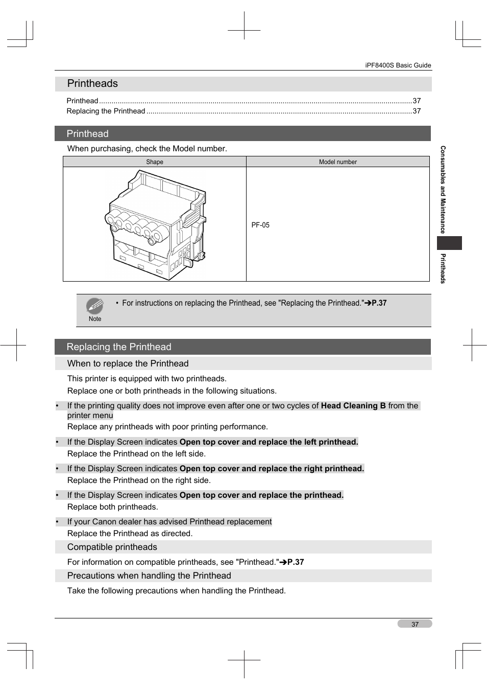 Printheads, Printhead, Replacing the printhead | Canon imagePROGRAF iPF8400S User Manual | Page 37 / 160