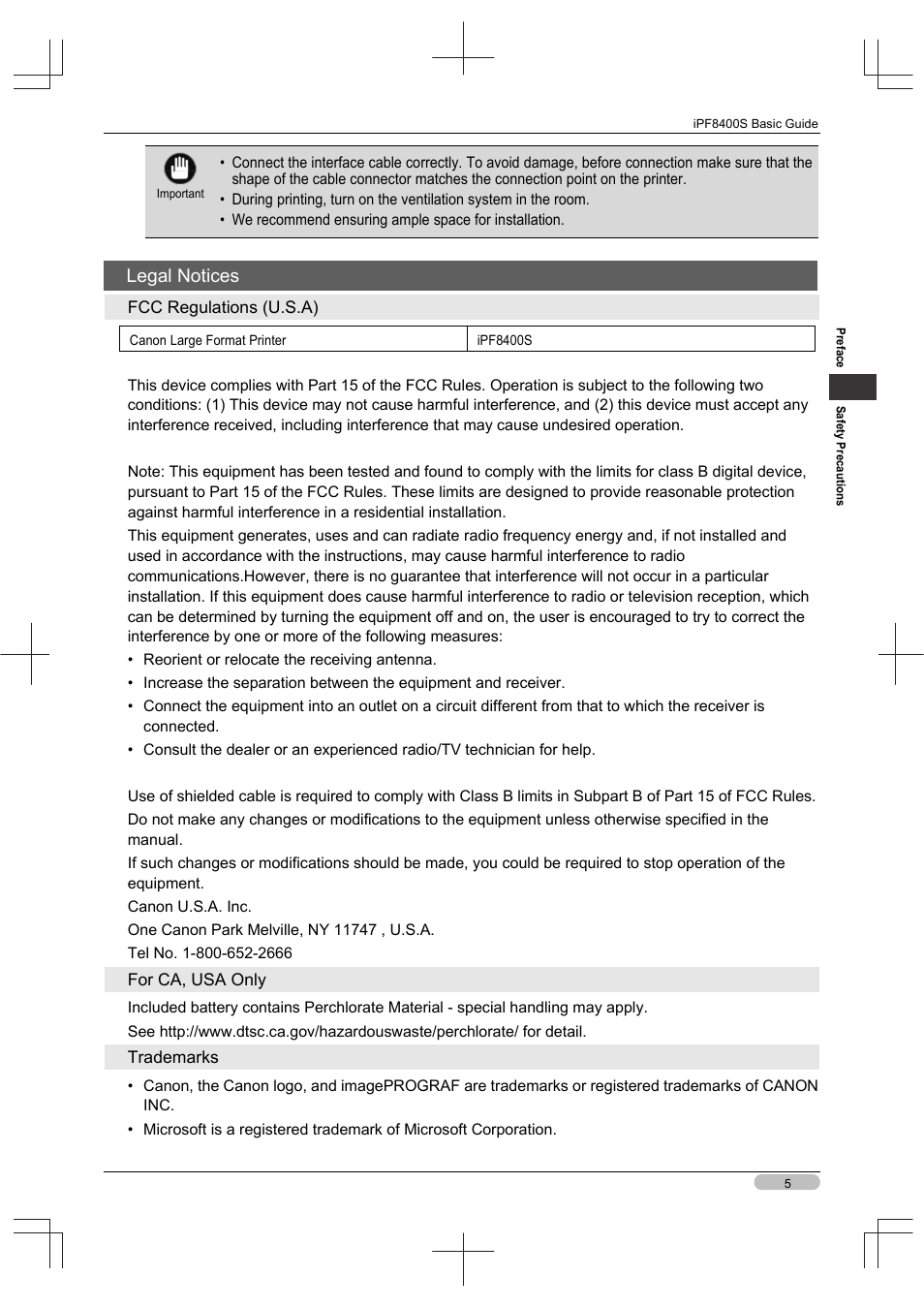 Legal notices | Canon imagePROGRAF iPF8400S User Manual | Page 5 / 160