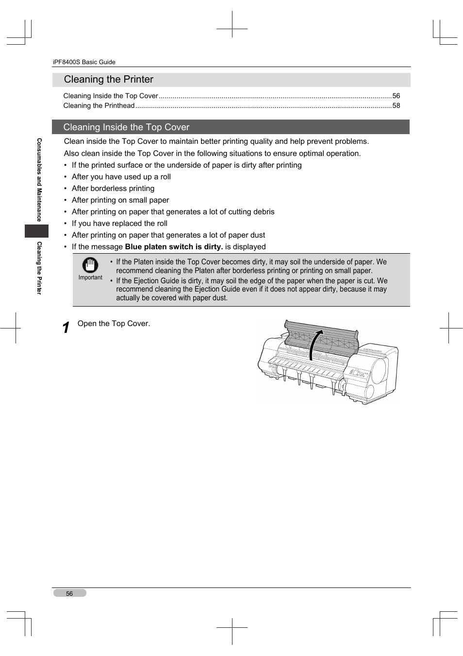 Cleaning the printer, Cleaning inside the top cover | Canon imagePROGRAF iPF8400S User Manual | Page 56 / 160