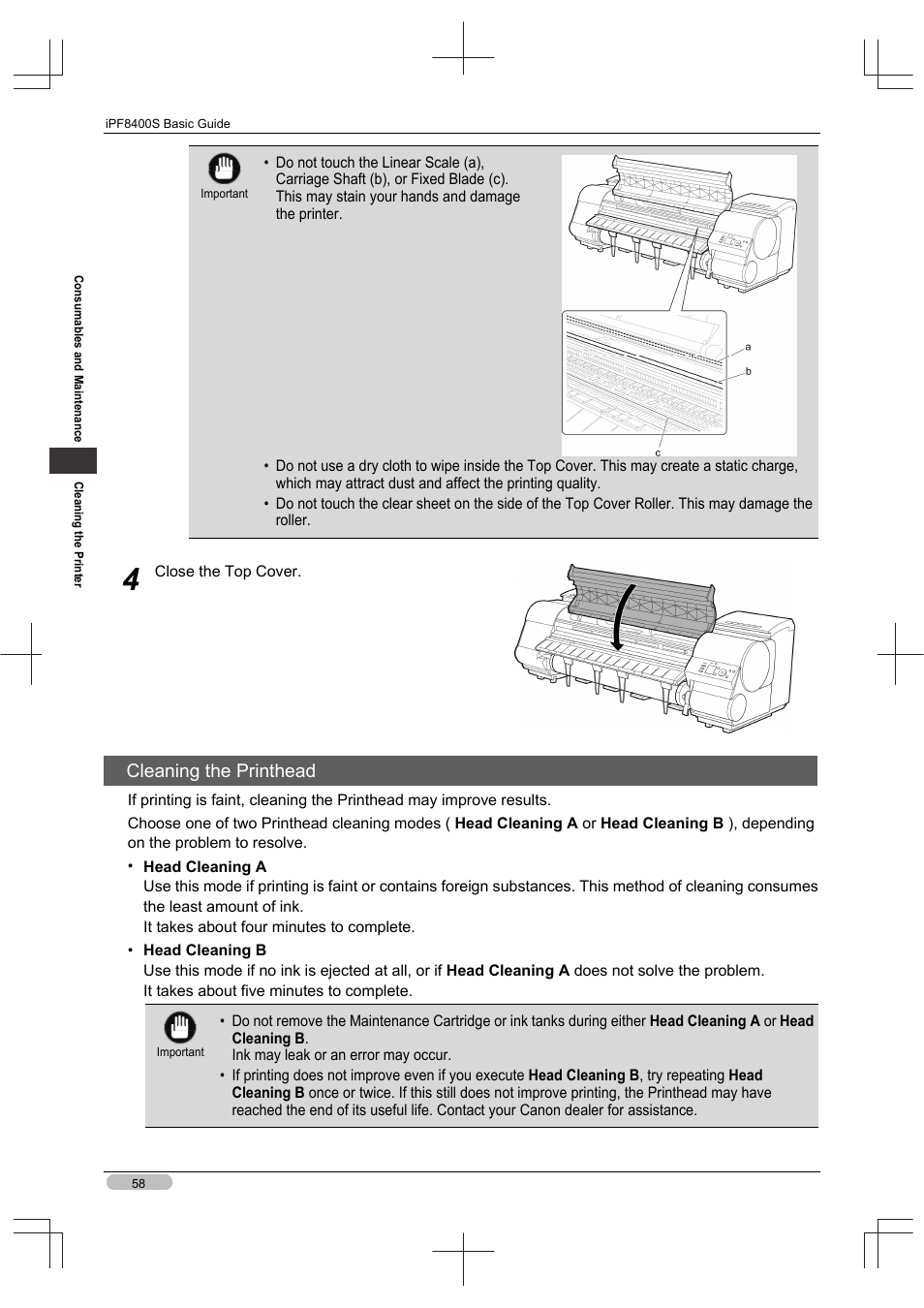 Cleaning the printhead | Canon imagePROGRAF iPF8400S User Manual | Page 58 / 160