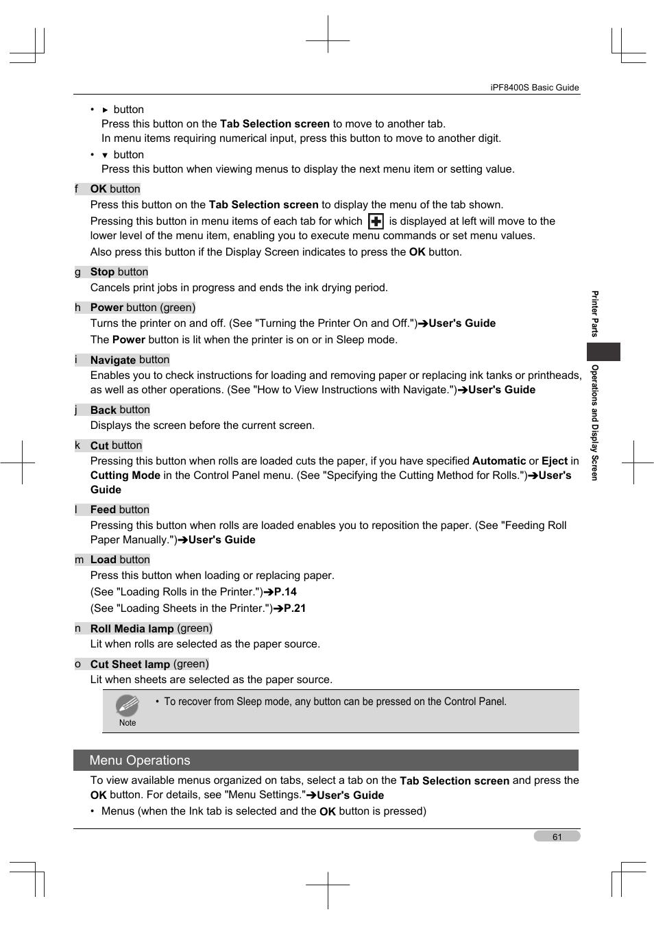 Menu operations | Canon imagePROGRAF iPF8400S User Manual | Page 61 / 160