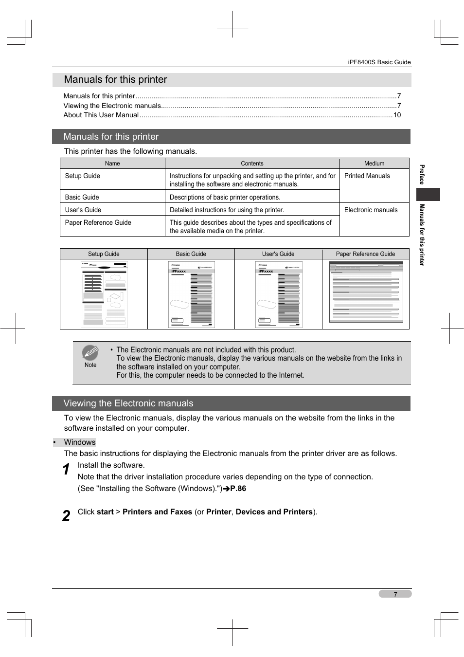 Manuals for this printer, Viewing the electronic manuals | Canon imagePROGRAF iPF8400S User Manual | Page 7 / 160