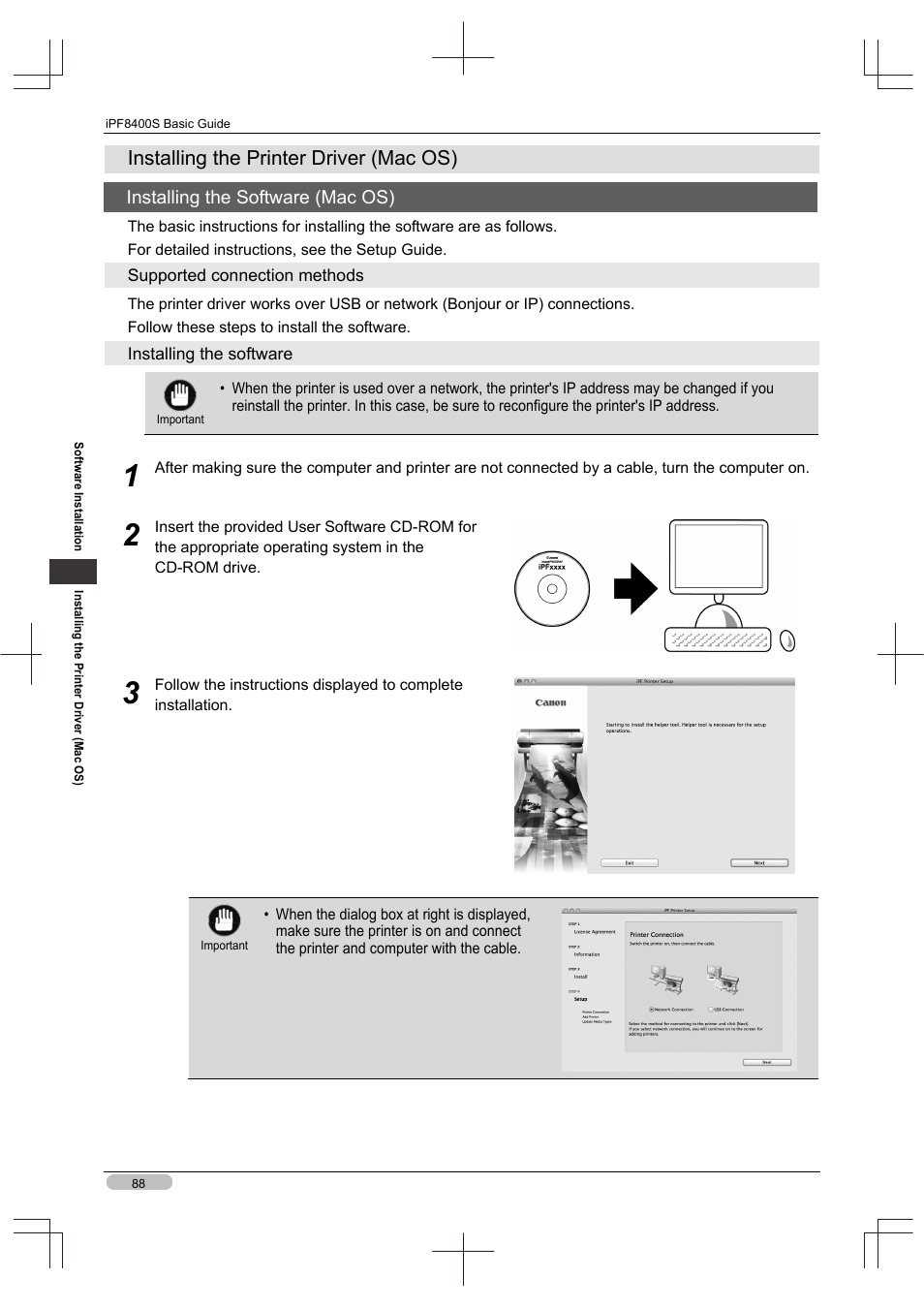 Installing the printer driver (mac os), Installing the software (mac os) | Canon imagePROGRAF iPF8400S User Manual | Page 88 / 160
