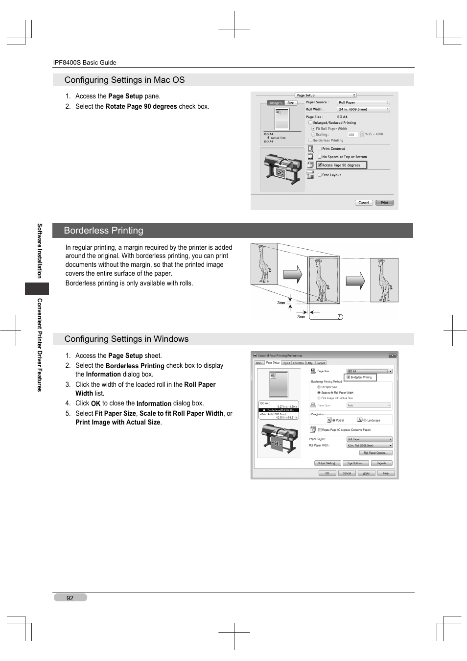 Borderless printing, Configuring settings in mac os, Configuring settings in windows | Canon imagePROGRAF iPF8400S User Manual | Page 92 / 160