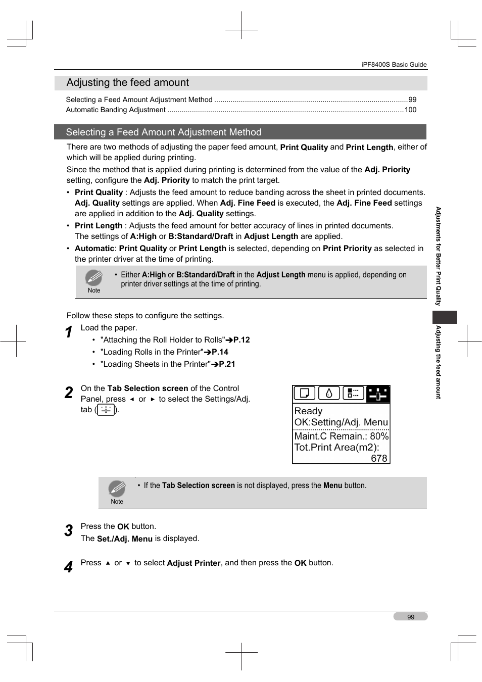 Adjusting the feed amount, Selecting a feed amount adjustment method | Canon imagePROGRAF iPF8400S User Manual | Page 99 / 160
