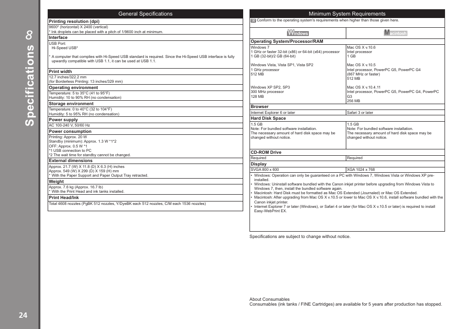 Sp ec ifi ca tio ns | Canon PIXMA iX6520 User Manual | Page 26 / 28