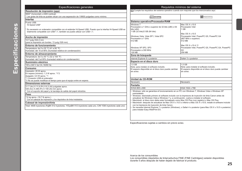Es pe ci fic ac io ne s | Canon PIXMA iX6520 User Manual | Page 27 / 28