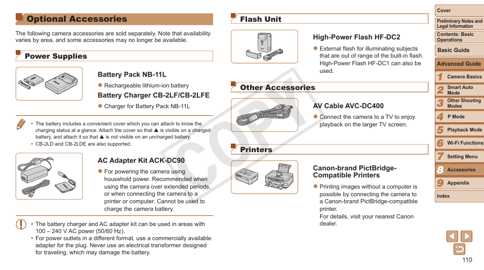 Optional accessories, Even if the camera is left of, Cop y | Canon PowerShot A3500 IS User Manual | Page 110 / 142