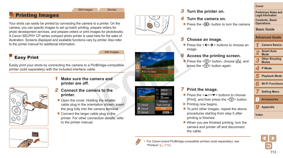 Printing images, Ting images, Cop y | Canon PowerShot A3500 IS User Manual | Page 113 / 142