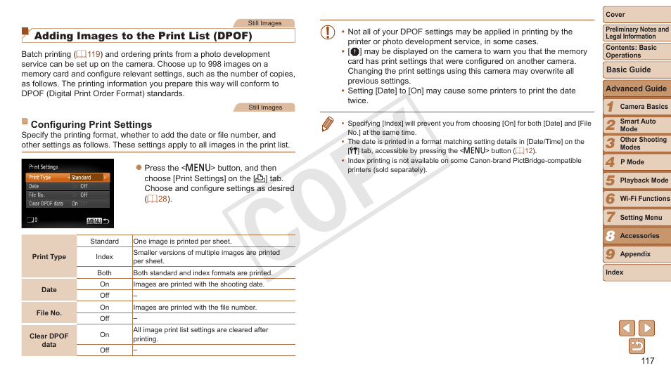 Use camera dpof print settings, To print, List (dpof) | Or “adding images to a photobook, Cop y | Canon PowerShot A3500 IS User Manual | Page 117 / 142