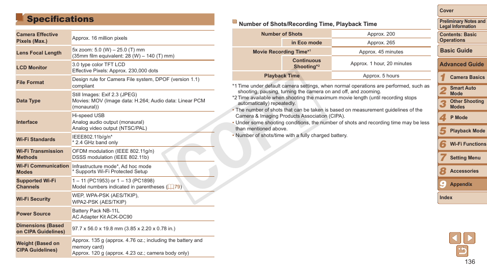 Specifications, See “number of shots/recording time, Playback time | Cop y | Canon PowerShot A3500 IS User Manual | Page 136 / 142
