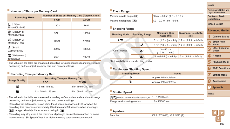 Memory card, see “number of shots per memory card, Flash range, Range (shooting range), see “shooting range | Number of shots per memory card, See “recording time per memory card, Mode, see “shooting range, Speed, Details on the focusing range, see “shooting range, On the focusing range, see “shooting range, Resolution | Canon PowerShot A3500 IS User Manual | Page 137 / 142