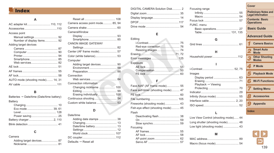 Index, C op y | Canon PowerShot A3500 IS User Manual | Page 139 / 142